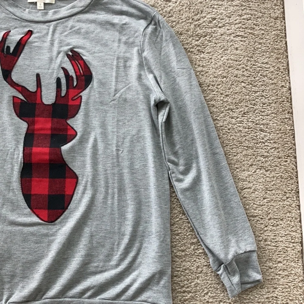 Grey French Terry Long Sleeve Plaid Reindeer Top - Picture 8 of 10